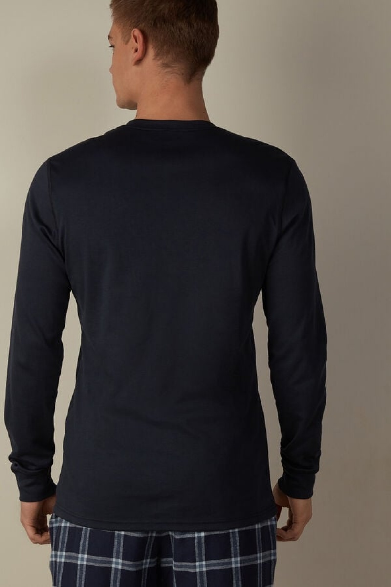 Intimissimi Supima Interlock Long-Sleeve Top Men's Pajamas Blue | USA 2902ZGT