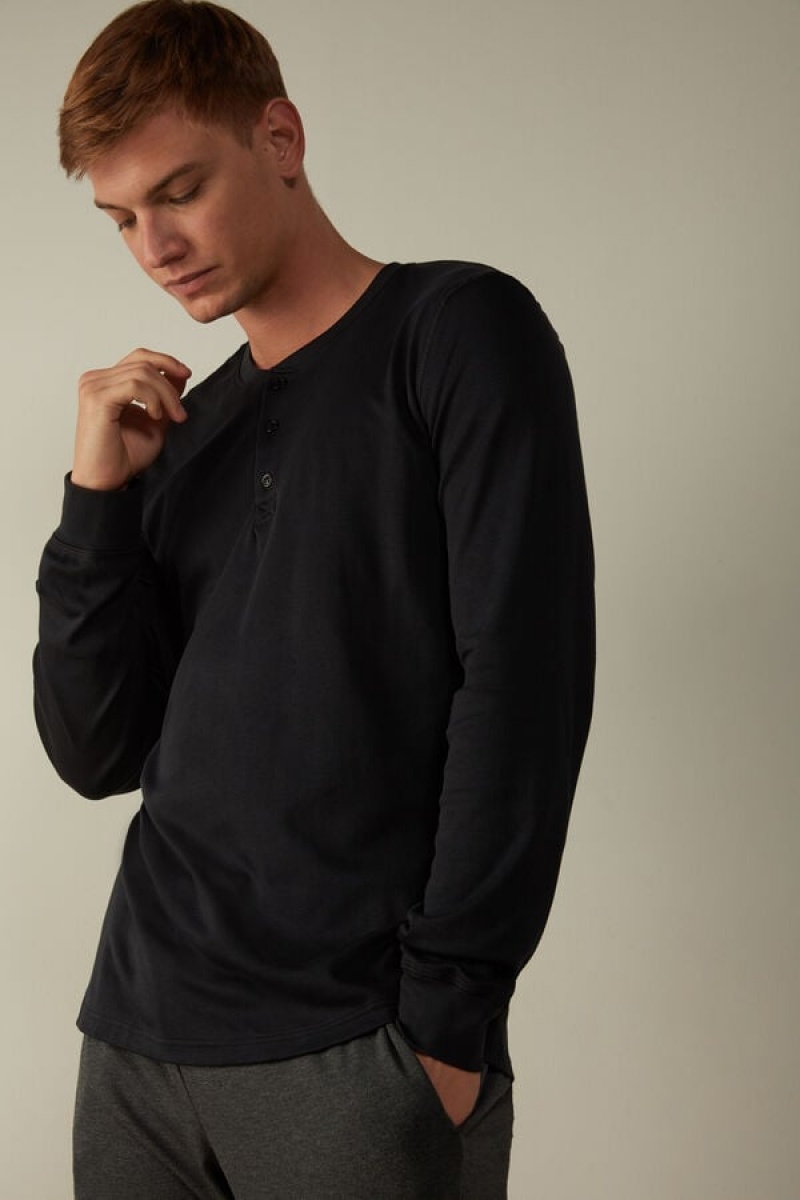 Intimissimi Supima Interlock Top Men's Long Sleeve Black | USA 2933ISP