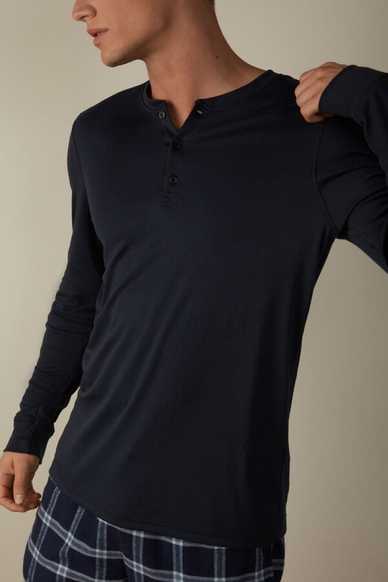 Intimissimi Supima Interlock Top Men's Long Sleeve Blue | USA 2934UTA