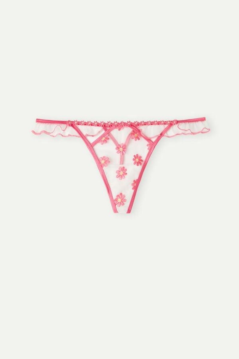 Intimissimi Sweet Like Daisies ‘80s Style Thong Women's Panties Fuchsia Pink / White | USA 2233MAS