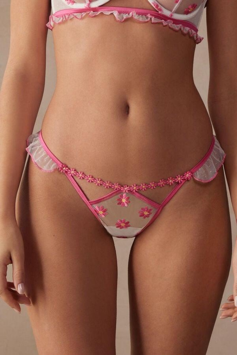 Intimissimi Sweet Like Daisies ‘80s Style Thong Women\'s Panties Fuchsia Pink / White | USA 2233MAS