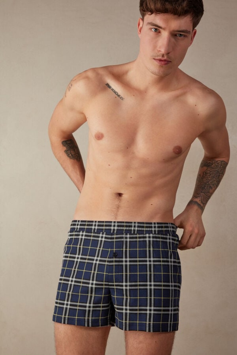 Intimissimi Tartan Patterned Cotton Jersey Relaxed Fit Men's Boxer Blue / Yellow | USA 2626DNG