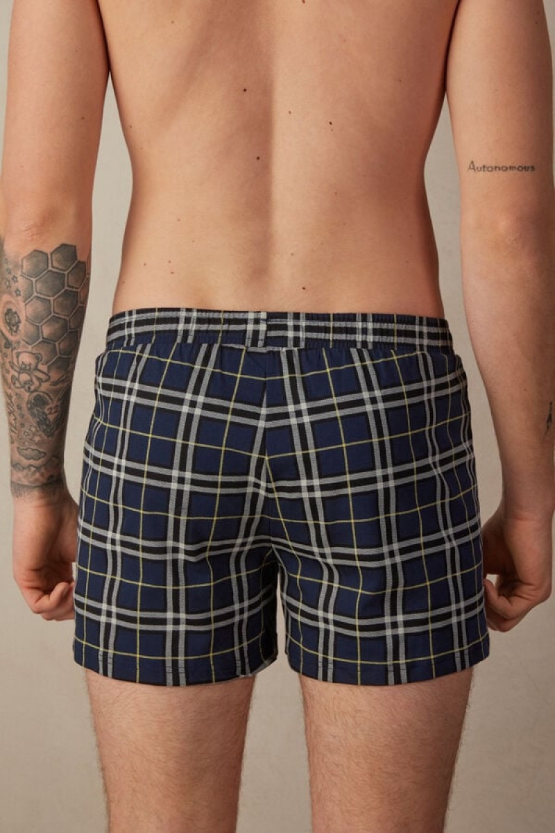 Intimissimi Tartan Patterned Cotton Jersey Relaxed Fit Men's Boxer Blue / Yellow | USA 2626DNG