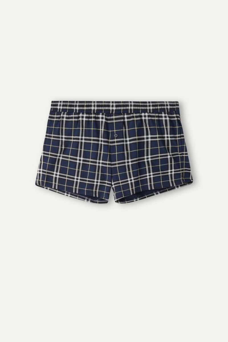 Intimissimi Tartan Patterned Cotton Jersey Relaxed Fit Men's Boxer Blue / Yellow | USA 2626DNG