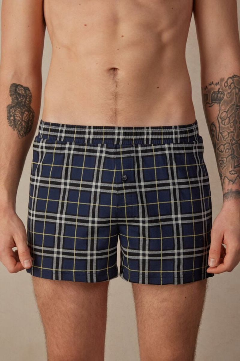 Intimissimi Tartan Patterned Cotton Jersey Relaxed Fit Men\'s Boxer Blue / Yellow | USA 2626DNG