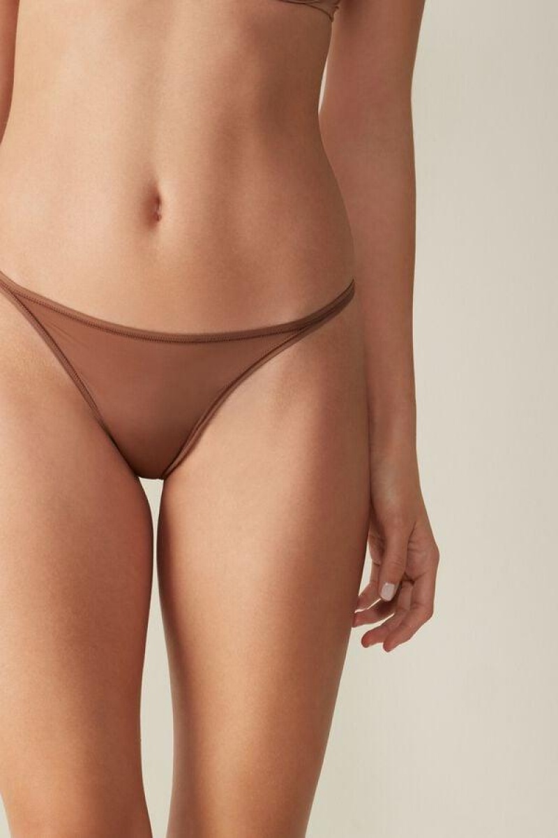 Intimissimi Thong with Ultralight Microfiber Straps Women\'s Panties Dark Beige | USA 2292UTL