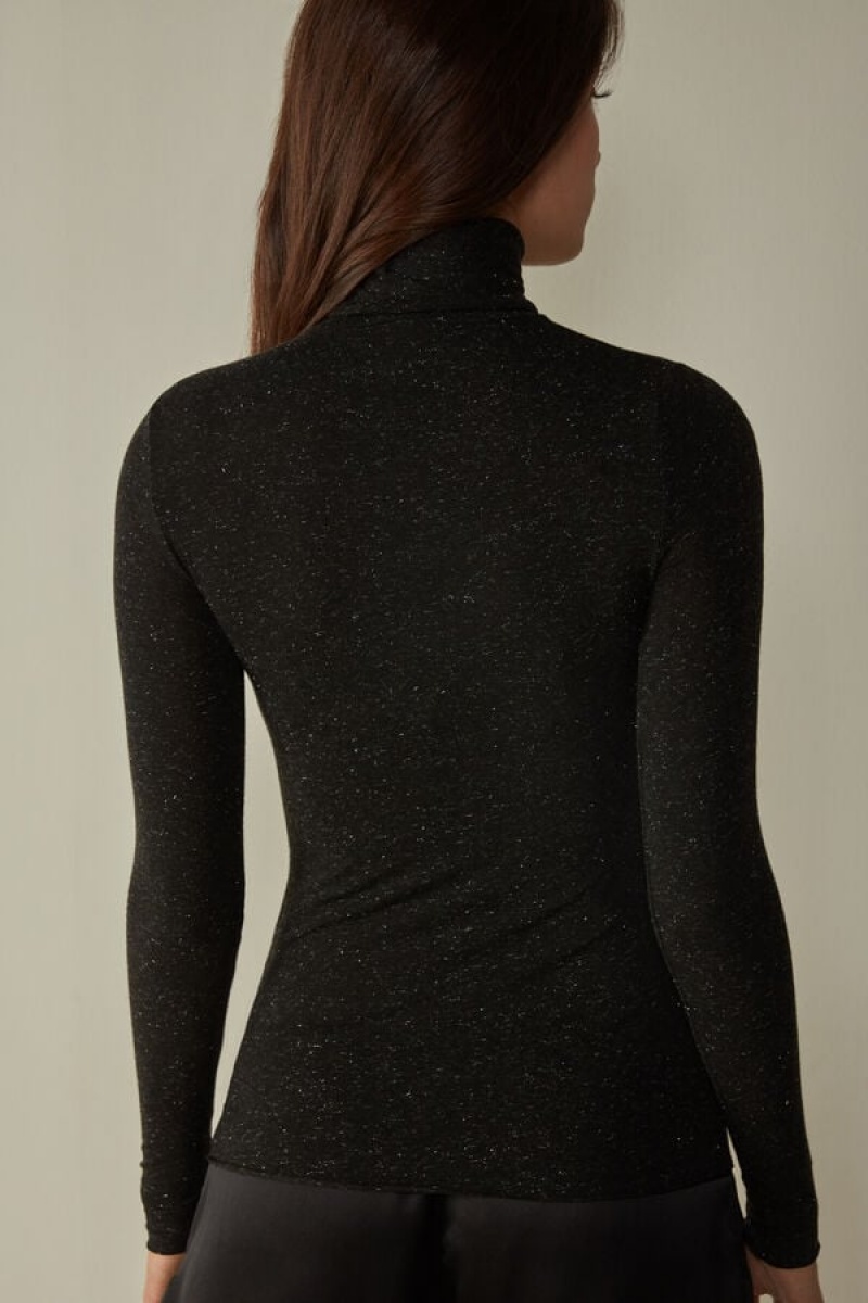 Intimissimi Turtleneck Top in Modal Light with Cashmere Lamé Women's Long Sleeve Black | USA 1811ZGY