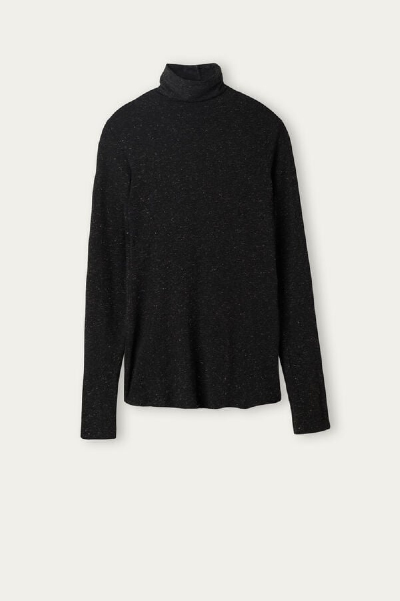 Intimissimi Turtleneck Top in Modal Light with Cashmere Lamé Women's Long Sleeve Black | USA 1811ZGY