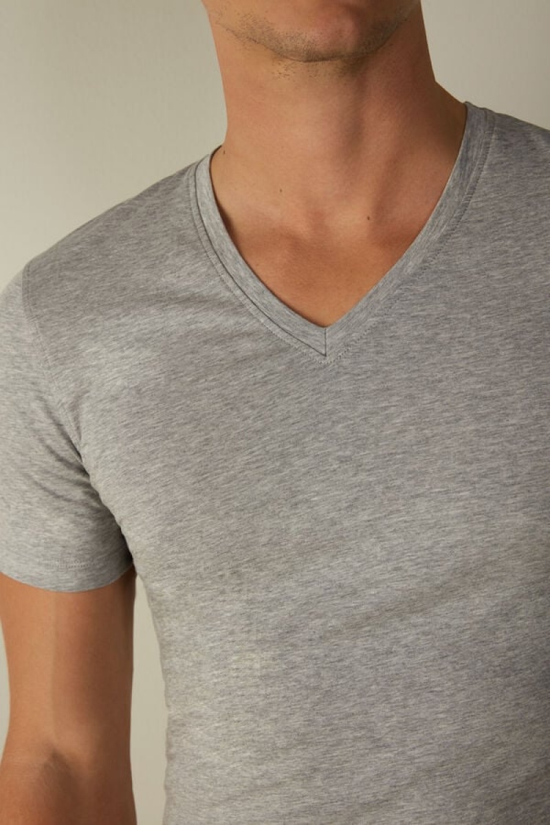 Intimissimi V-neck in Stretch Supima® Cotton Men's T Shirts Light Grey | USA 3015VDF