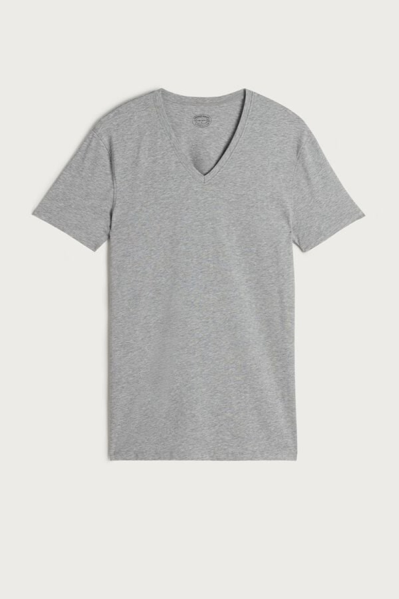 Intimissimi V-neck in Stretch Supima® Cotton Men's T Shirts Light Grey | USA 3015VDF