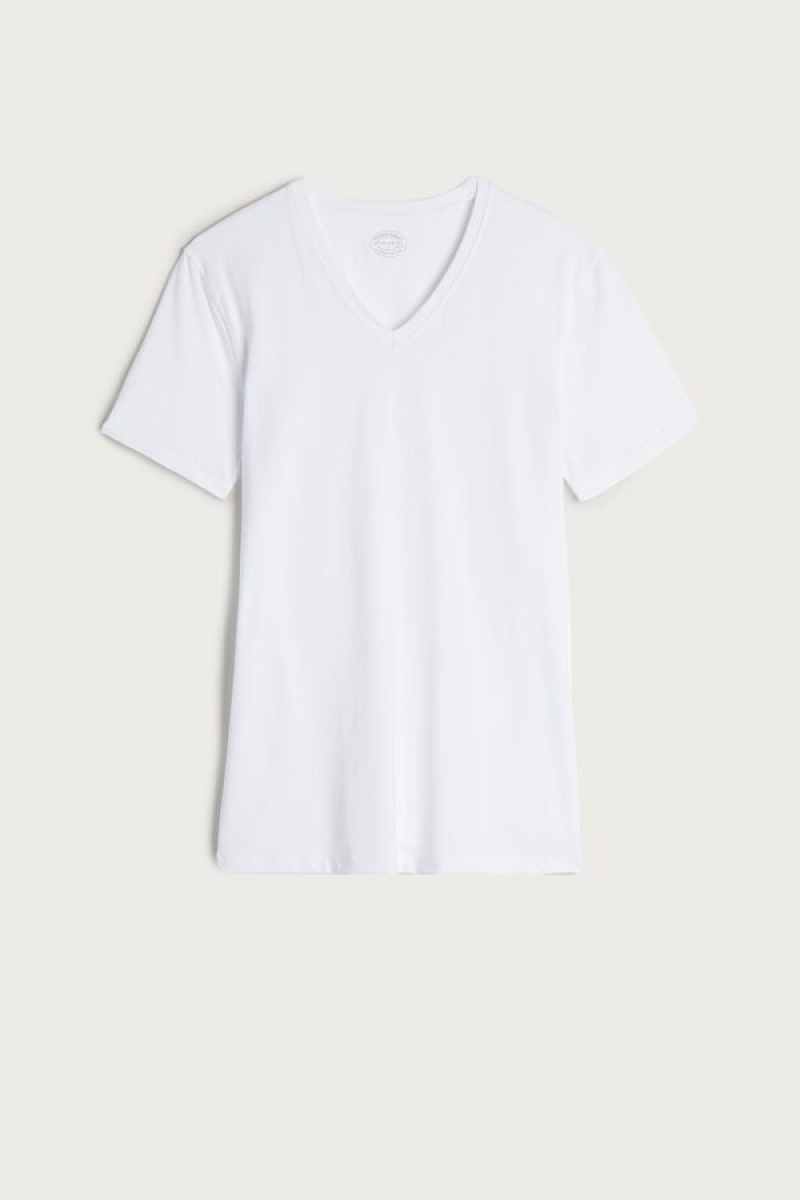 Intimissimi V-neck in Stretch Supima® Cotton Men's T Shirts White | USA 3025DNB