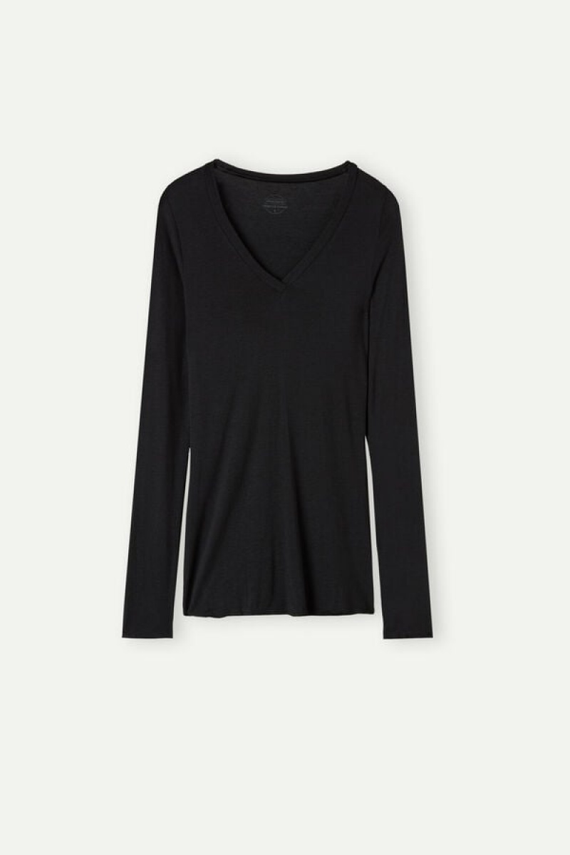 Intimissimi V-neck top in Modal Ultralight with Cashmere Women's Long Sleeve Black | USA 1822TVJ