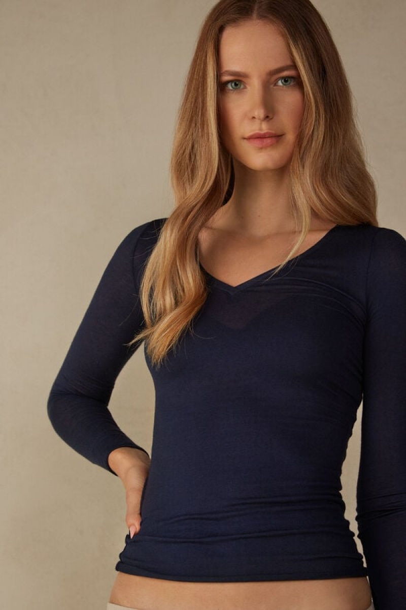 Intimissimi V-neck top in Modal Ultralight with Cashmere Women's Long Sleeve Blue | USA 1825ISZ