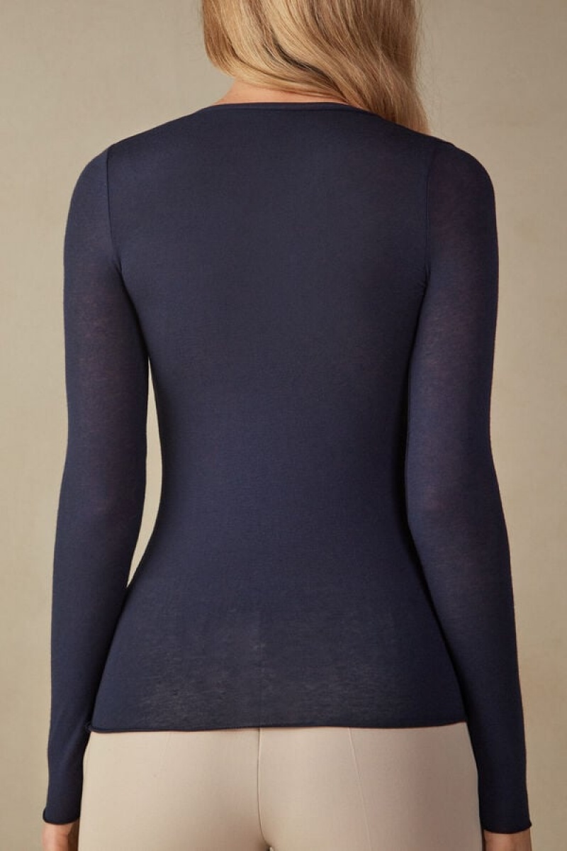 Intimissimi V-neck top in Modal Ultralight with Cashmere Women's Long Sleeve Blue | USA 1825ISZ