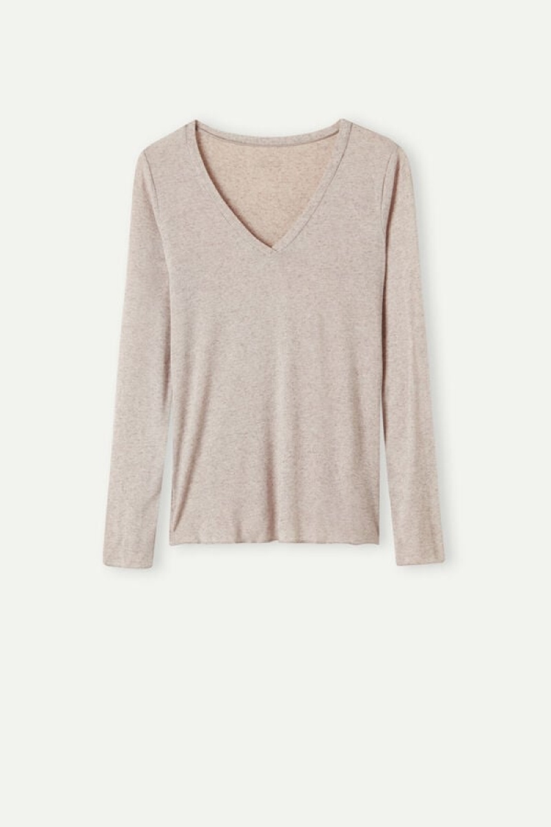 Intimissimi V-neck top in Modal Ultralight with Cashmere Women's Long Sleeve Beige | USA 1826ORX