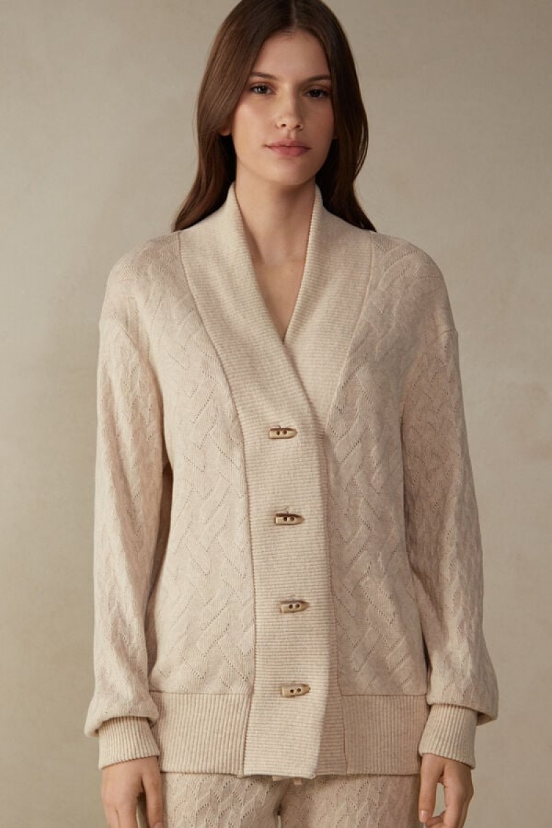 Intimissimi Winter Braid Long Sleeve Jacquard Cardigan Women\'s Jacket Beige | USA 1779FMM