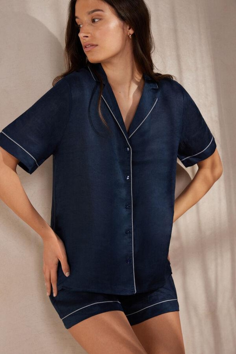 Intimissimi Yacht Night Linen Short Sleeve Shirt Women's Pajamas Blue | USA 2091FMM